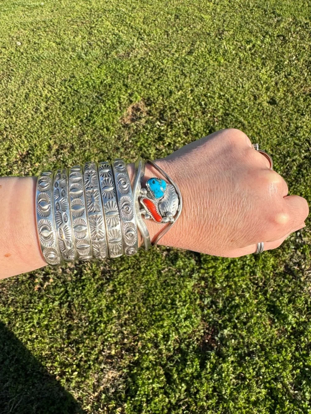 Native American David F Garcia Sterling Silver Turquoise and Coral Cuff Bracelet